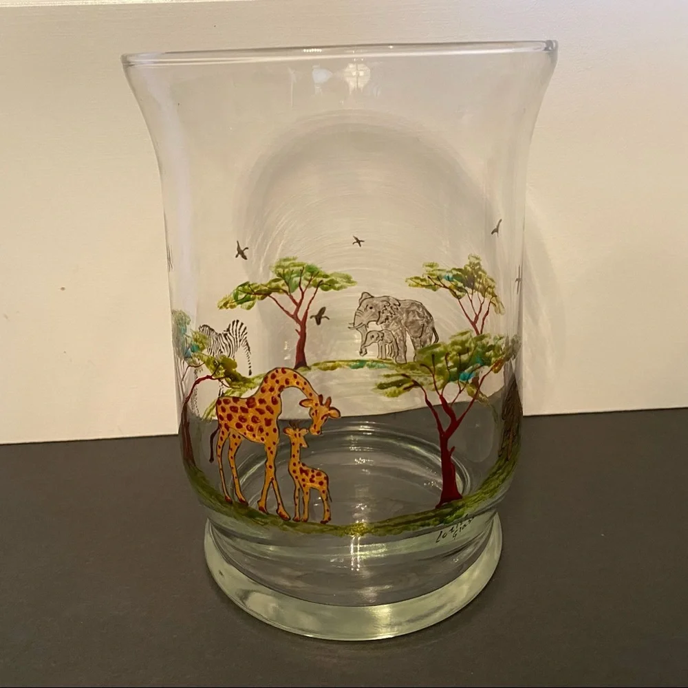 LOZIER GLASS CANDLE HOLDER HAND PAINTED SAFARI ANIMALS 8” HIGH HOME ACCENT USA